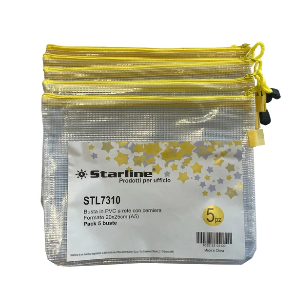 STARLINE - 3301 STL - Busta a rete con cerniera gialla - PVC - 20 x 25 cm - trasparente - Starline. - STL7310 - Conf. da 5 Pz.