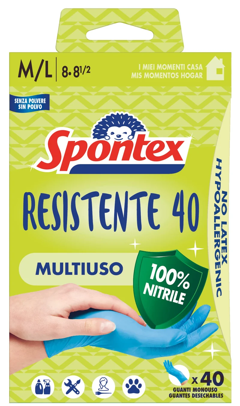 Spontex Guanti Monouso Resistente 40, Guanti in Nitrile Ipoallergenici, 40 Pezzi, Taglia M/L