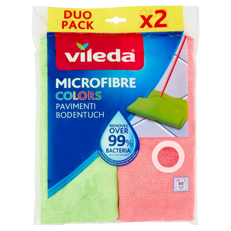 Vileda Microfibre Colors per rimuovere oltre il 99%* dei batteri, anche solo con acqua 50x40 cm 2 pz