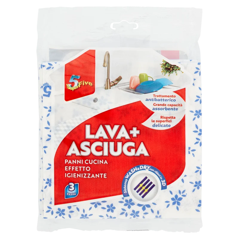 Super5 Lava+Asciuga Panni Cucina Effetto Igienizzante cm 35x35 3 pz