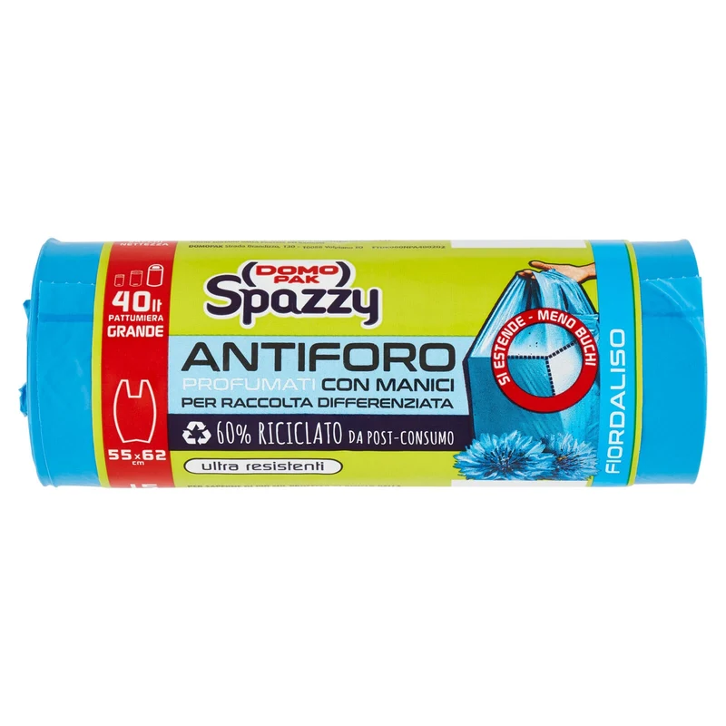 Domopak Spazzy Antiforo Profumati con Manici 40 lt Pattumiera Grande 55x62 cm Fiordaliso 15 pz