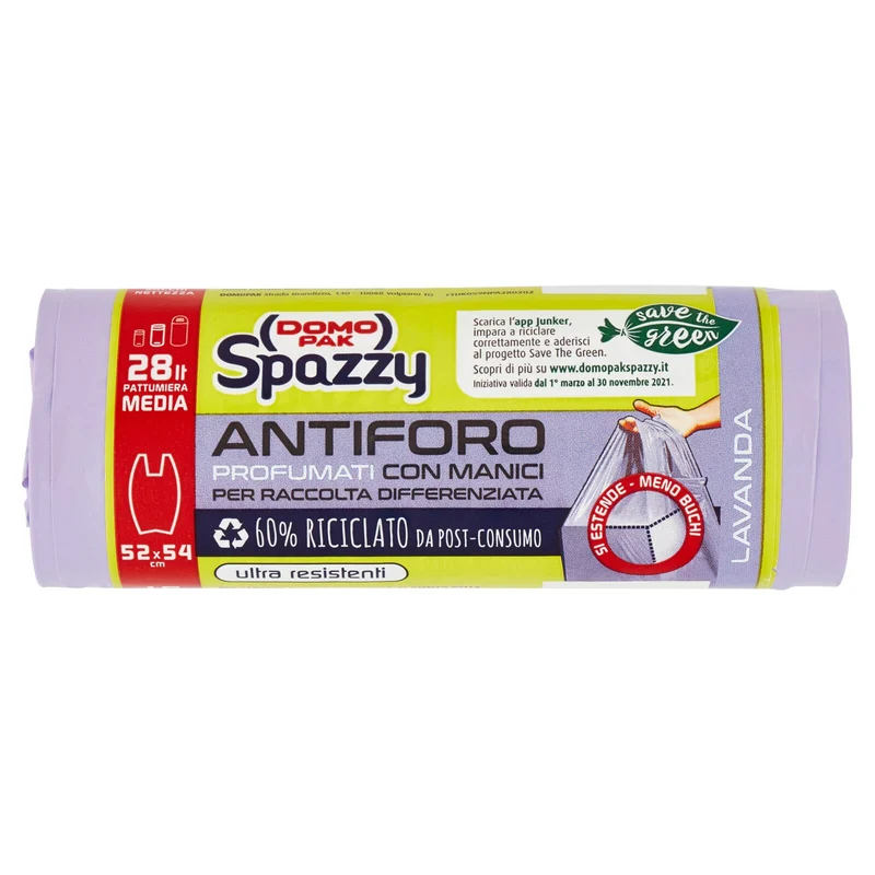 Domopak Spazzy Antiforo Profumati con Manici 28 lt Pattumiera Media 52x54 cm Lavanda 15 pz