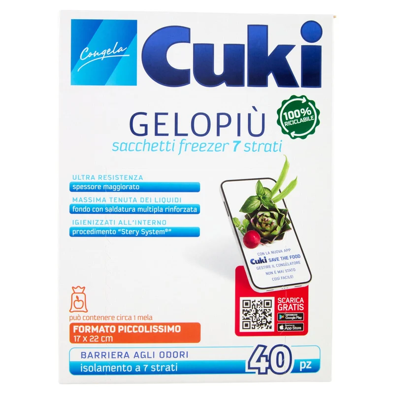Cuki Congela Gelopiù sacchetti freezer 7 strati Formato Piccolissimo 17 x 22 cm 40 pz