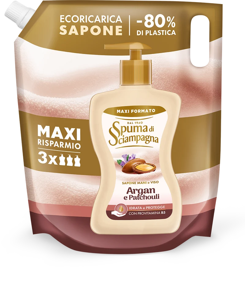 Spuma Di Sciampagna - Sapone Crema Mani Argan & Patchouli con Antibatterico - Ricarica 1300ml