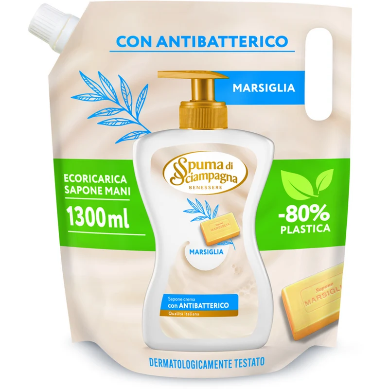 Spuma Di Sciampagna - Sapone Crema Mani Marsiglia con Antibatterico - Ricarica 1300ml