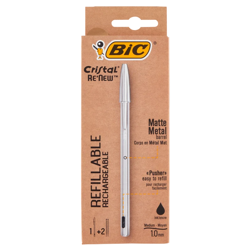 Bic Cristal Re'New Refillable Medium 1.0 mm nero 1 Penna Sfera + 2 Ricariche
