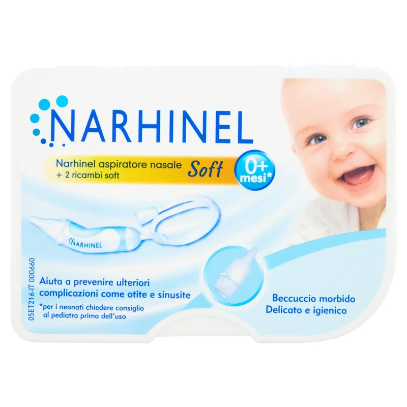 Narhinel aspiratore nasale per neonati e bambini utile a rimuove secrezioni nasali + 2 ricambi soft