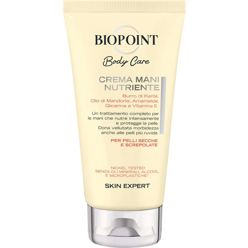BIOPOINT - Crema Mani Nutriente per Pelli Secche e Screpolate - Burro di Karité, Olio di Mandorla, Amamelide, Glicerina e Vitamina E - 75 ml