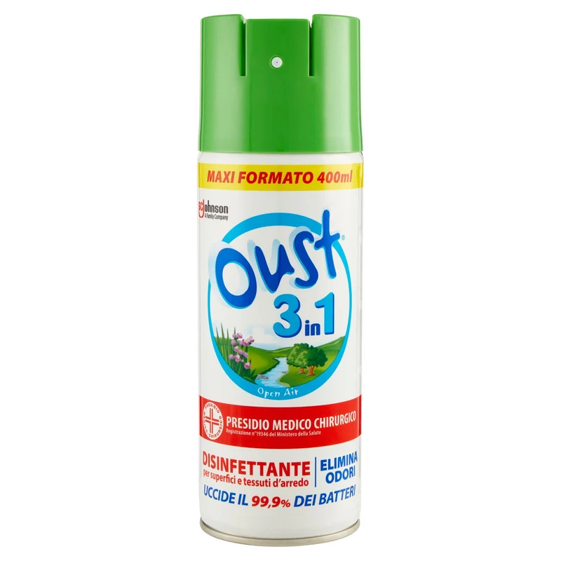 Oust 3 in 1 Spray Disinfettante per Superfici e Tessuti d'Arredo, Fragranza Open Air, 400ml