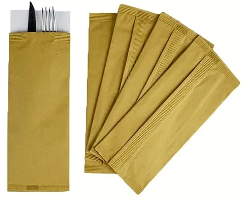 Buste porta posate in carta paglia di colore avana. Dimensioni 10x25cm.