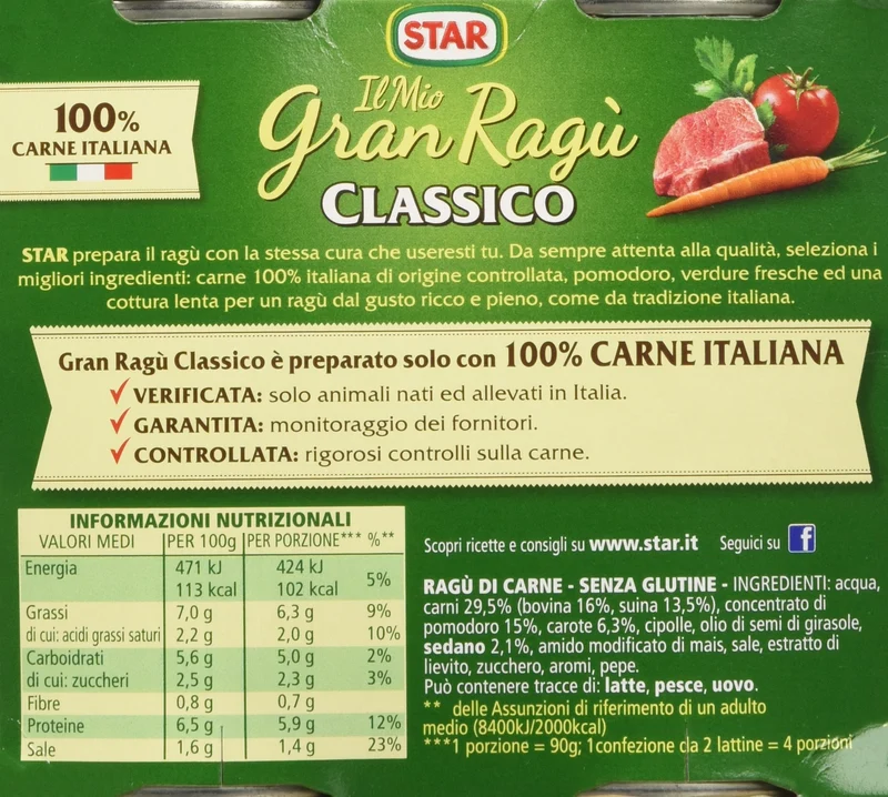 Star Il Mio Gran Ragù, Classico, Carne Italiana 3 confezioni da 2 latte da 180 g 1080 g, 6 latte, 12 porzioni