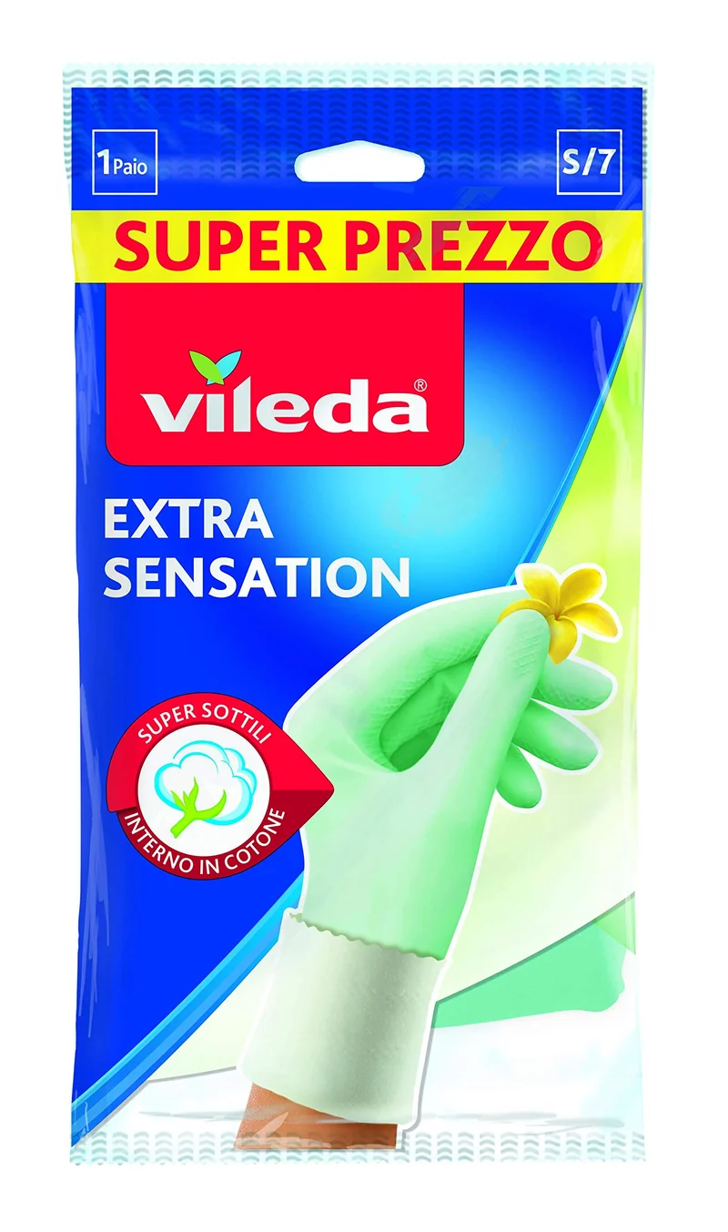 Vileda Extra Sensation guanti in lattice con rivestimento interno in cotone massima sensibilità al tatto adatto per i lavori domestici più delicati vestibilità aderentetremisureS-M-Lconfezione da 1 pz X 5
