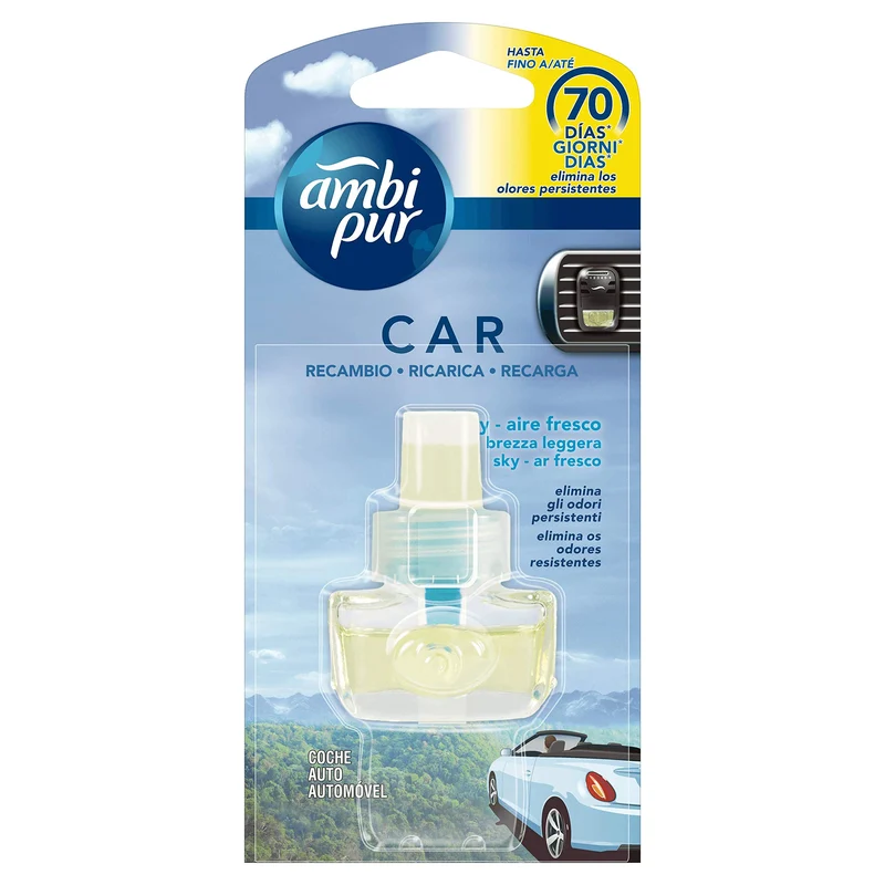 Ambi Pur Car Brezza leggera Ricarica di Deodorante per ambienti con Clip 7ml, per eliminare Gli Odori Sgradevoli dall'Auto, 1 unità