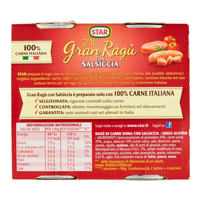 Star Il Mio Gran Ragù con Salsiccia Sugo Pronto con Pomodoro e Carne Suina Italiana Conserva Senza Glutine - 12 Lattine da 180g