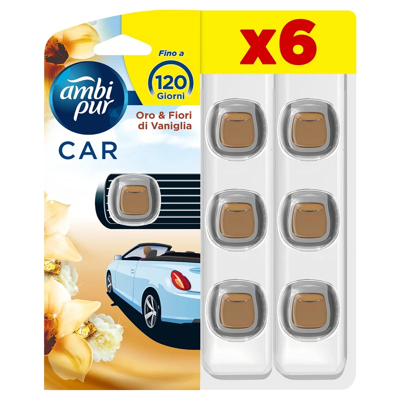 Ambi Pur Profumatore Auto, 6 Deodoranti Auto, Fragranza Oro e Fiori di Vaniglia, Elimina Odori, Facile da Agganciare, Fino a 30 Giorni di Profumo per Deodorante, Usa e Getta