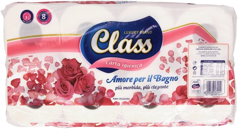 Class - Carta igienica, Pura Cellulosa, 3 veli - 8 Rotoli, 8 unità