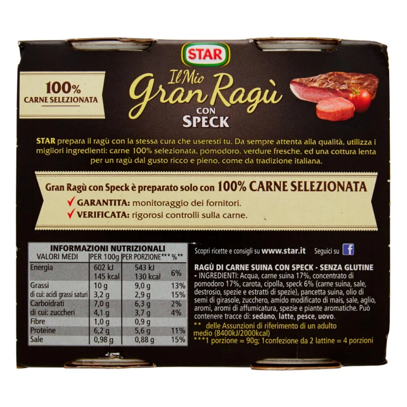 Star Il Mio Gran Ragù con Speck Sugo Pronto con Pomodoro Carne Suina e Verdura Fresca Conserva Senza Glutine - 12 Lattine da 180g