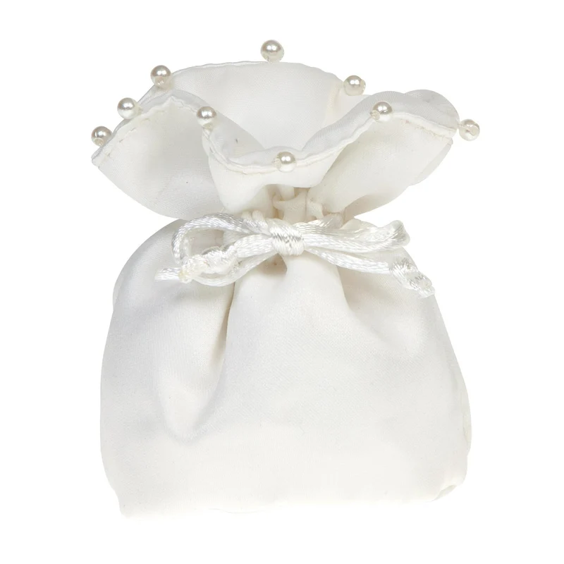 Sacchetto in Raso con Perline Bianco 6 x 9 cm - 10 pezzi