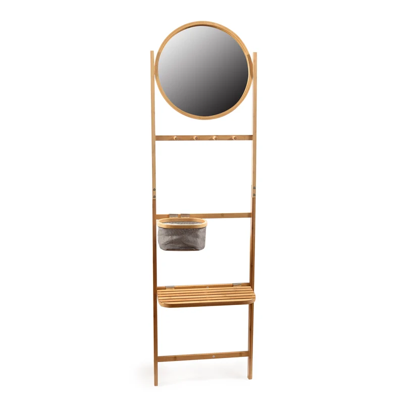 Porta Asciugamani in Bamboo con Specchio, Mensola e Cestino 172 x 49 x 18 cm