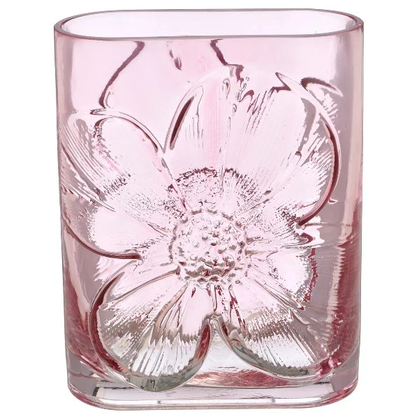 Vaso in Vetro Rosa con Fiori in Rilievo 16 x 9 x 21 cm