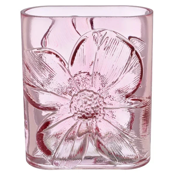 Vaso in Vetro Rosa con Fiori in Rilievo 13 x 8 x 16 cm
