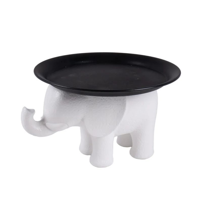 Elefante con Piatto in Resina e Metallo Bianco e Nero 30 x 20 cm