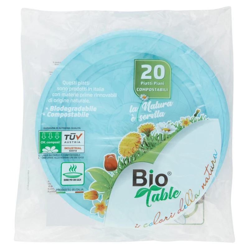 Piatti Piani in Bioplastica 100% Compostabile Azzurro 18 cm - 20 pezzi