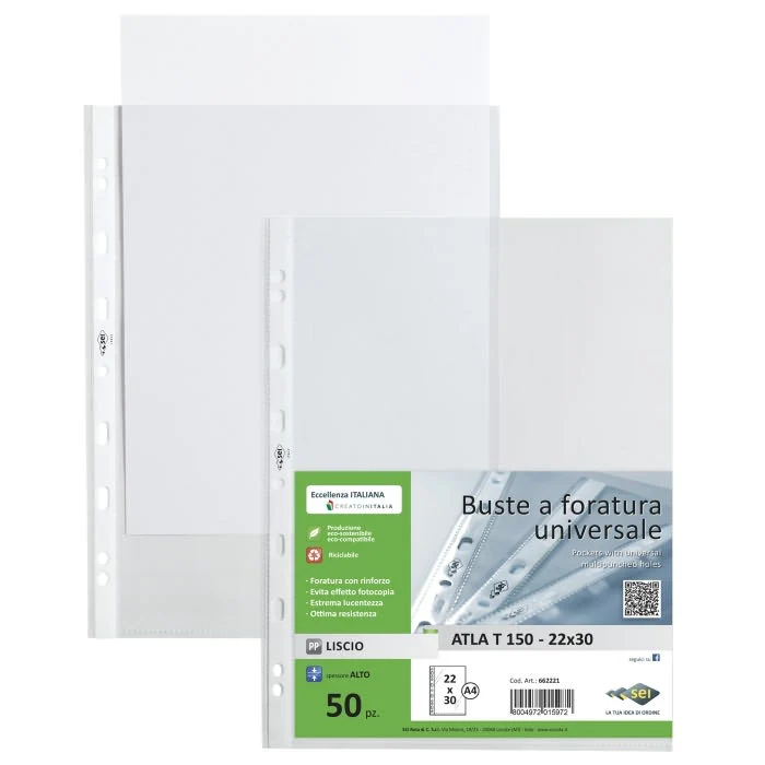 Busta Foratura Universale Lucido Medio Spessore in PPL 22 x 30 cm - 50 pezzi