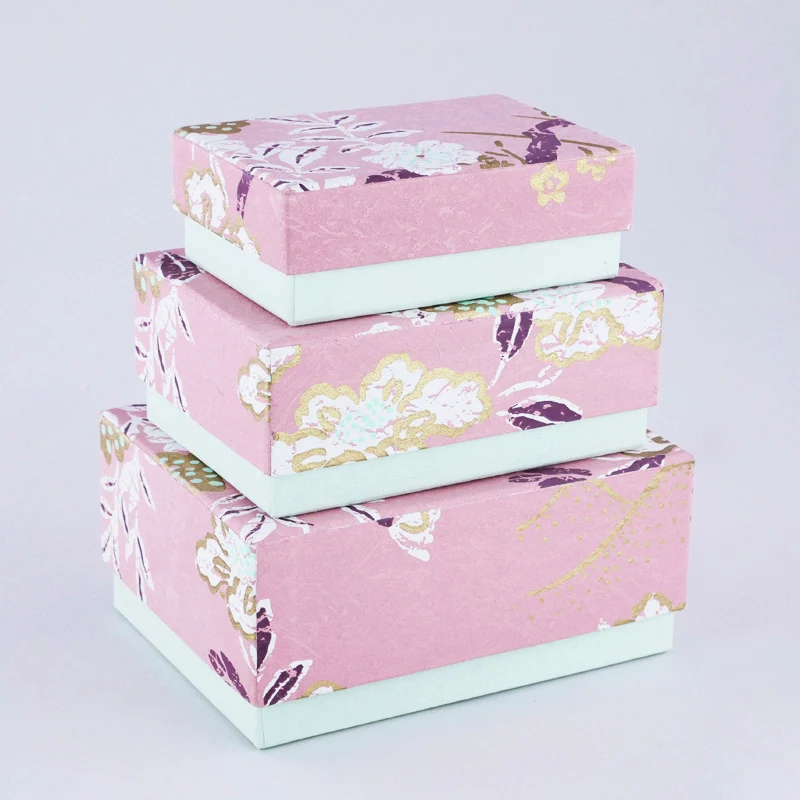Scatole Rettangolare con Decorazione a Fiori Rosa Cartapesta 18 x 13 x 7 cm