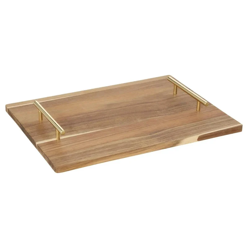 Vassoio Mina in Legno Naturale con Manici Oro 30 x 40 cm