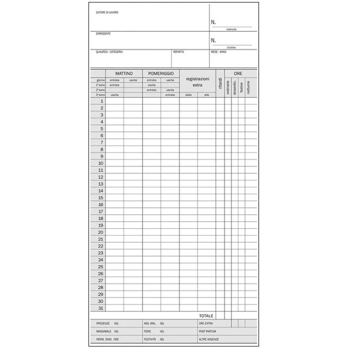 Blocco Scheda Orologio Data Ufficio Presenze Mensili 10 x 22 cm - 100 fogli