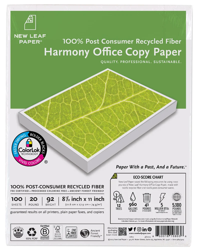 Pack of 100 Sheets Harmony Office 100% PCRF copy paper w/HP ColorLok (8-1/2"x11" 20 lb. Bond) 92 Brightness