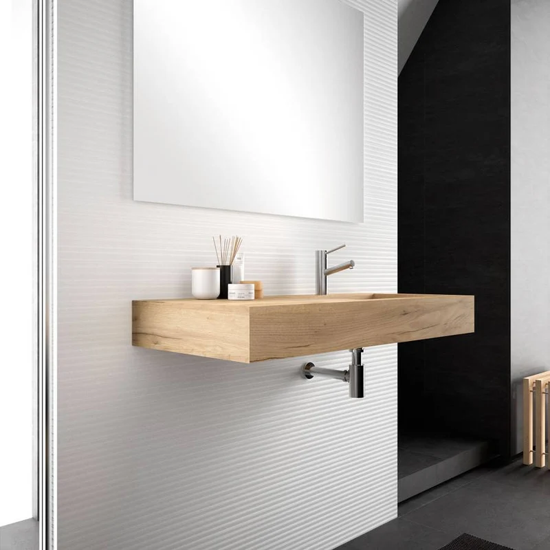 Lavabo sospeso 100cm integrato in HPL vasca a destra rovere naturale