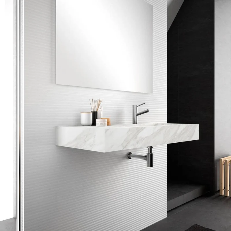 Lavabo sospeso 100cm lato destro integrato su top in HPL marmo bianco Canova