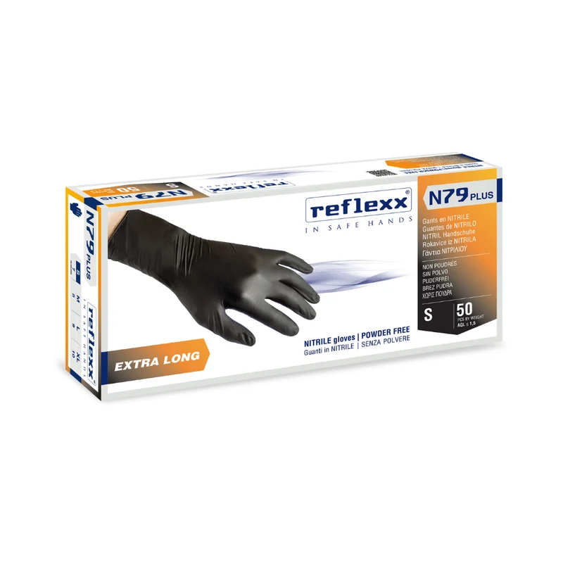 Guanti monouso in nitrile nero X-Long Reflexx N79P - 7,7 g | N79P | 10 box da 50 pezzi