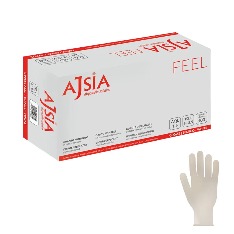 Guanti monouso in lattice: feel - 5 g | G00651 - Ajsia | 10 box da 100 pezzi