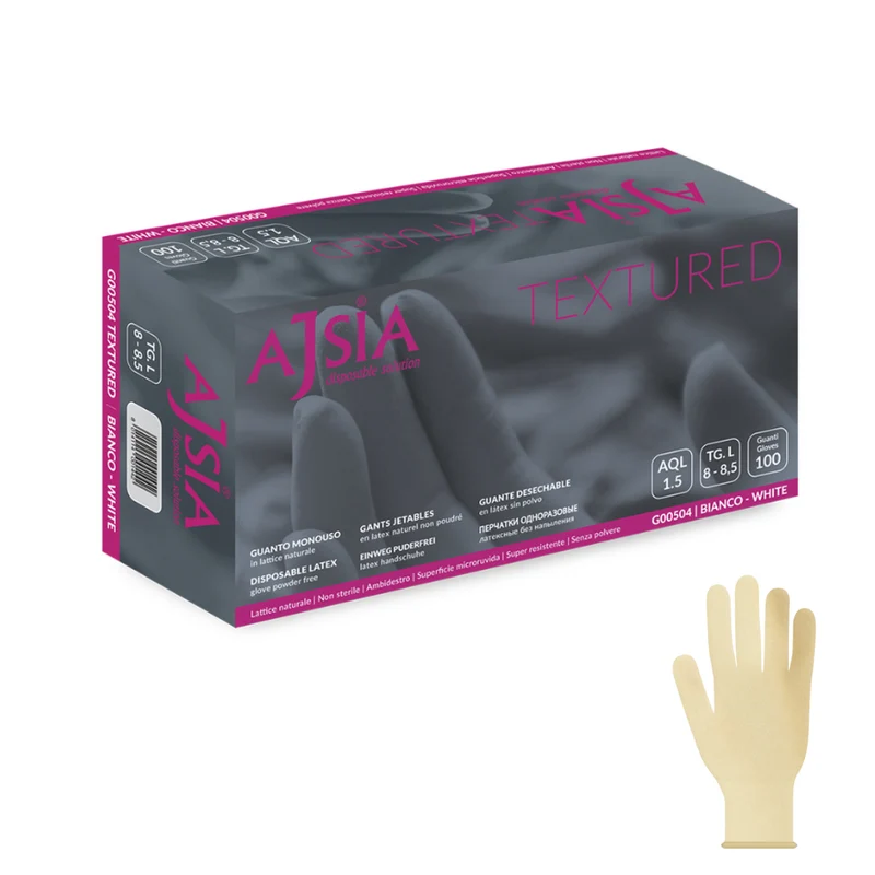 Guanti monouso in lattice testurizzato 6g G00504 Ajsia - cartone 10 box da 100 pezzi (1000 pz) - per studi medici, estetici, farmacie e laboratori