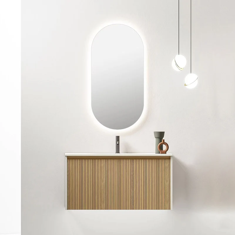 Mobile Bagno Pace 90 cm Rovere Chiaro Specchio Ovale Retroilluminato - Meda