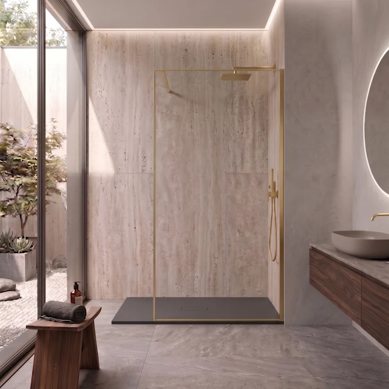 Parete Walk-in 100 cm Vetro Trasparente e Profilo Gold Brush - Breeze