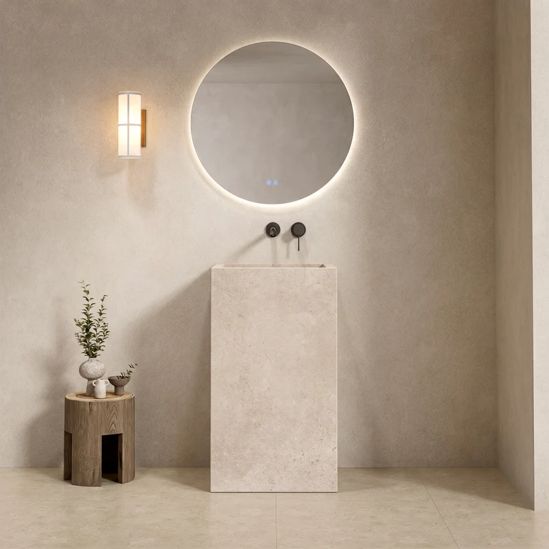 Lavabo Freestanding in Gres Lucido Continental White 60 cm Specchio Tondo Retroilluminato - Pedestal