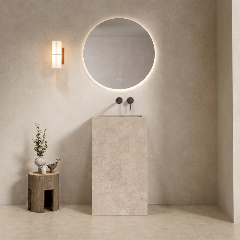 Lavabo Freestanding in Gres Lucido Continental Taupe 60 cm Specchio Tondo Retroilluminato - Pedestal