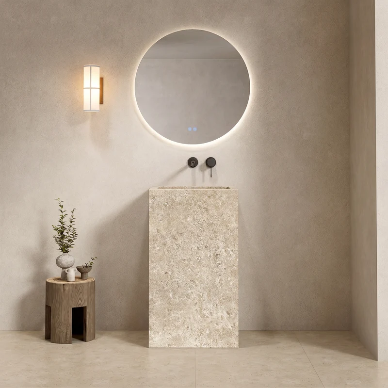Lavabo Freestanding in Gres Lucido Colosseo Panna 60 cm Specchio Tondo Retroilluminato - Pedestal