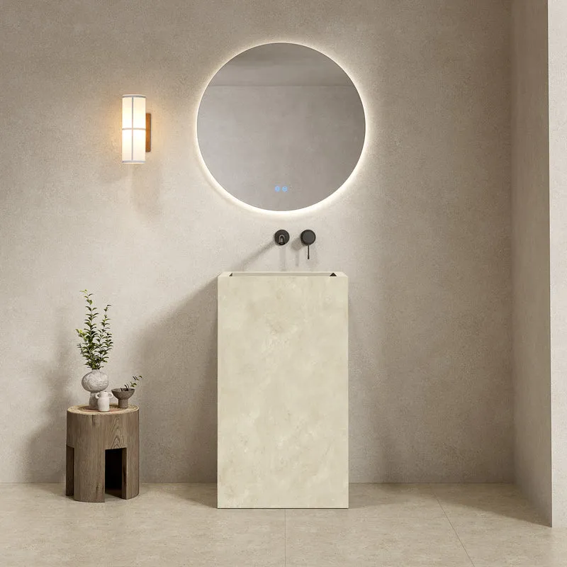 Lavabo Freestanding in Gres Lucido Crema Marfil 60 cm Specchio Tondo Retroilluminato - Pedestal