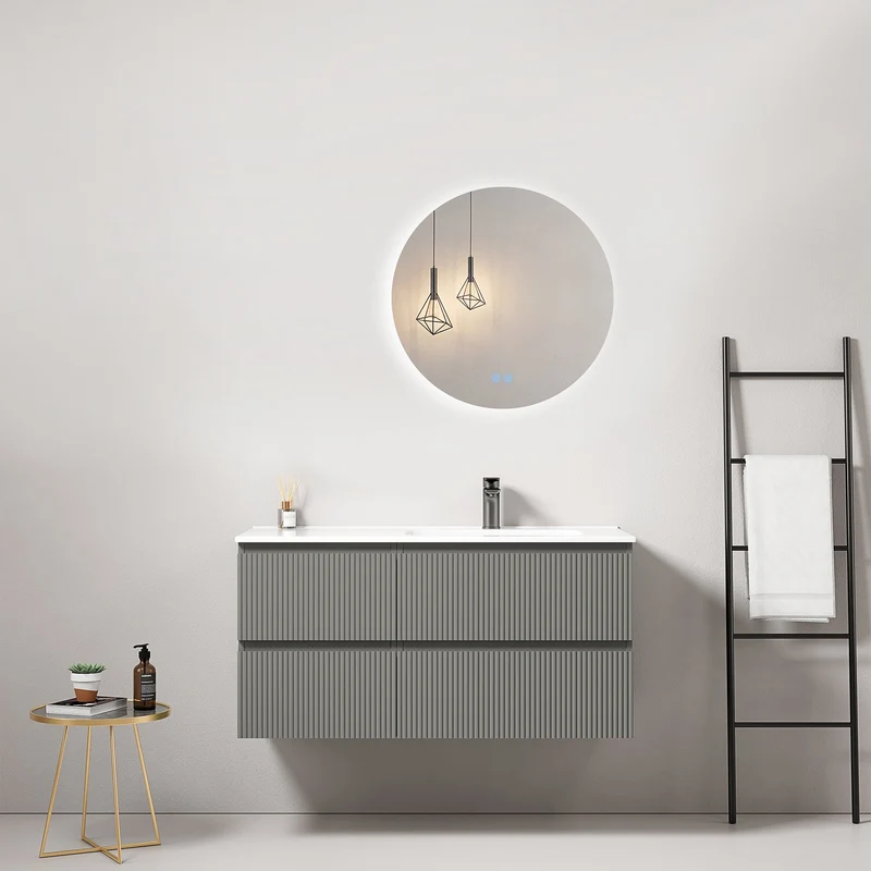 Mobile bagno sospeso cannettato 100 cm Grigio Londra Lavabo a Destra in Ceramica Specchio Tondo Retroilluminato - Fiji Paint