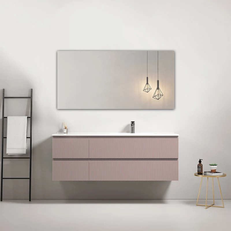 Mobile bagno sospeso cannettato 140 cm Rosa Retro Lavabo a Destra in Resina Specchio Quadro - Fiji Paint