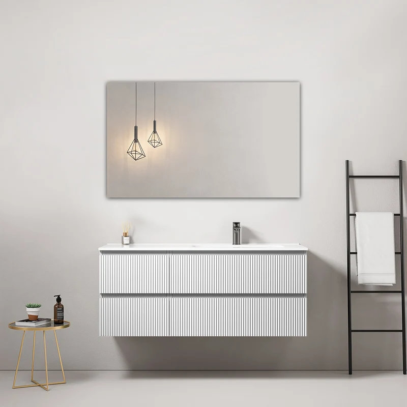 Mobile bagno sospeso cannettato 120 cm Bianco Lavabo a Destra in Ceramica Specchio Quadro - Fiji Paint