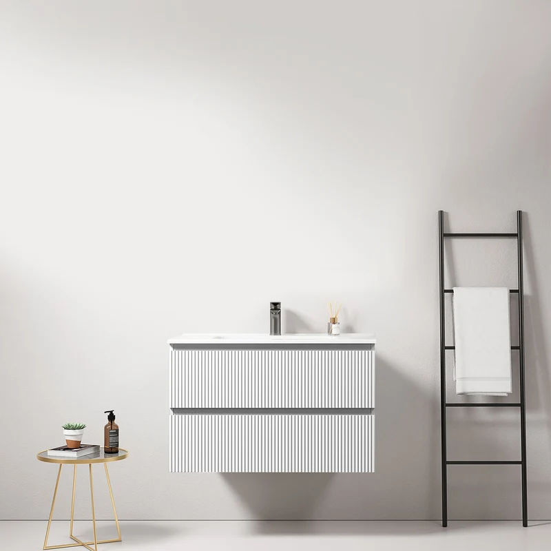Mobile bagno sospeso cannettato 80 cm Bianco Lavabo in Ceramica Senza Specchio - Fiji Paint