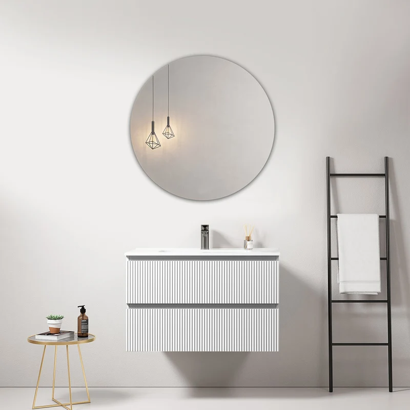 Mobile bagno sospeso cannettato 80 cm Bianco Lavabo in Ceramica Specchio Tondo - Fiji Paint