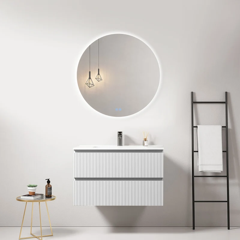 Mobile bagno sospeso cannettato 80 cm Bianco Lavabo in Ceramica Specchio Tondo Retroilluminato - Fiji Paint