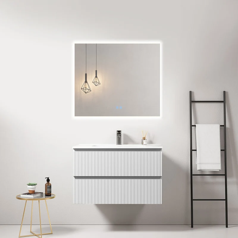Mobile bagno sospeso cannettato 80 cm Bianco Lavabo in Ceramica Specchio Quadro Retroilluminato - Fiji Paint